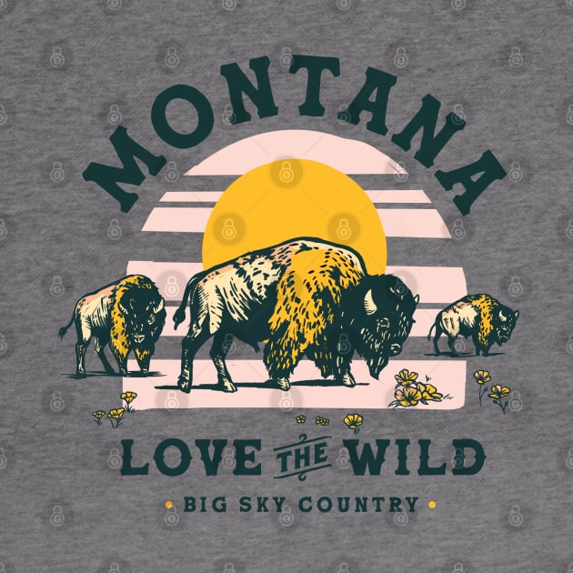 Big Sky Country, Montana. Cool Retro Travel Art Featuring A Buffalo by The Whiskey Ginger